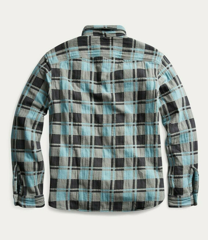 RRL Ralph Lauren Plaid Distressed Blue Jacquard Check Workshirt Men's Medium M