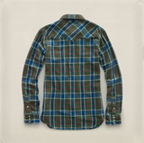 2014 RRL Cotton Buffalo Western Green Blue Shirt *Defects Plaid Men's Large L