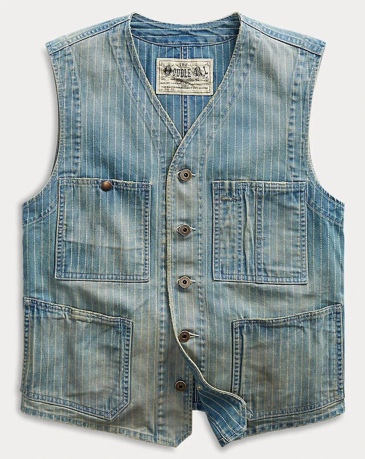 RRL Ralph Lauren Blue Indigo Denim Striped Twill Vest Men's Large L