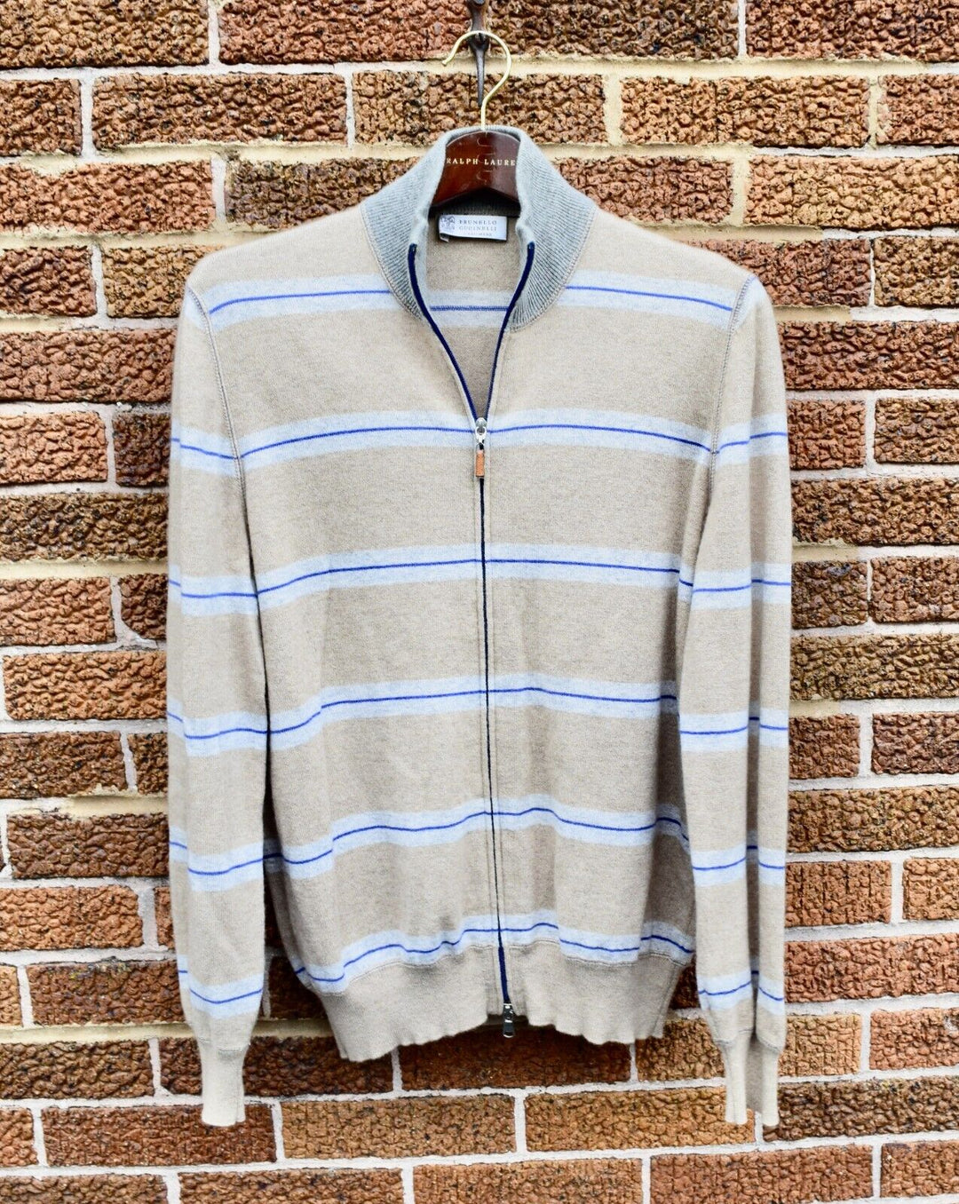 Brunello Cucinelli Mens Full Zip Sweater Striped Beige 100% Cashmere 50 Medium