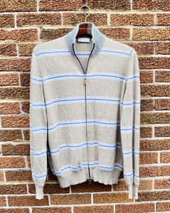 Brunello Cucinelli Mens Full Zip Sweater Striped Beige 100% Cashmere 50 Medium