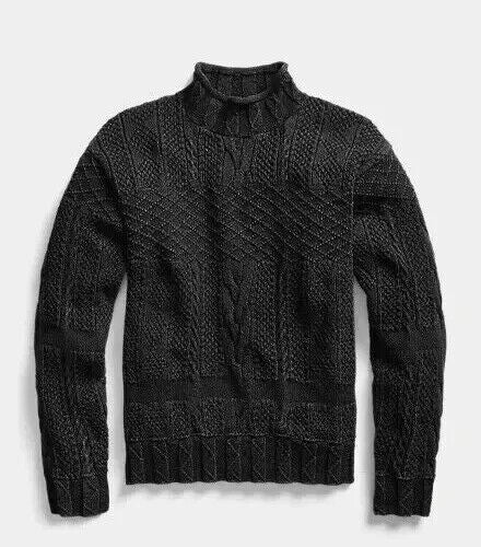 RRL Ralph Lauren Black Thick Cable-Knit Turtleneck Sweater Men's Large L