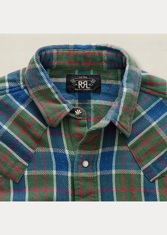 2014 RRL Cotton Buffalo Western Green Blue Shirt *Defects Plaid Men's Small S