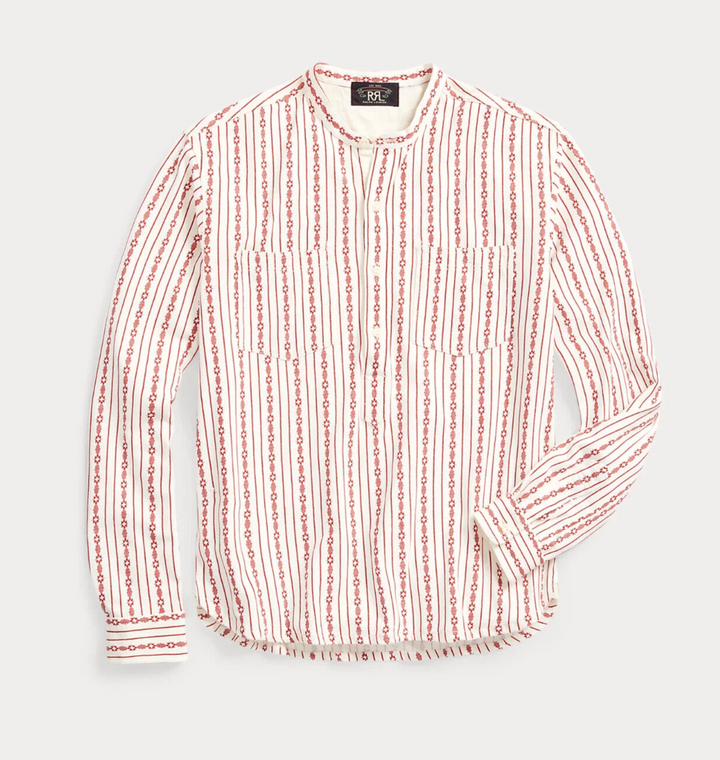 RRL Ralph Lauren Striped Banded Collar Popover Linen Work Shirt Men's Medium M