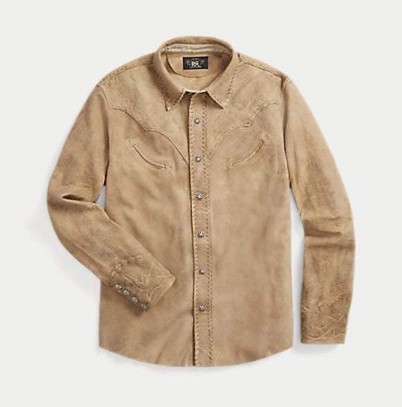 RRL Ralph Lauren Leather Western Tan Sheepskin Jacket Suede Embroidered Large L