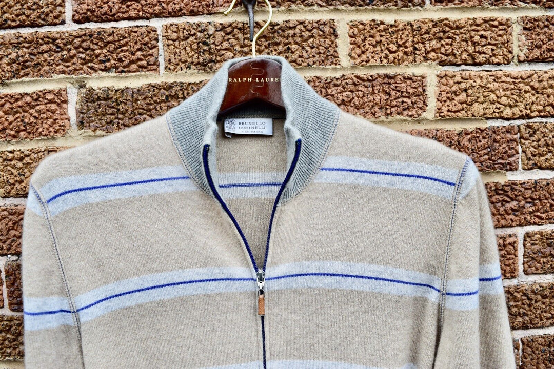 Brunello Cucinelli Mens Full Zip Sweater Striped Beige 100% Cashmere 50 Medium