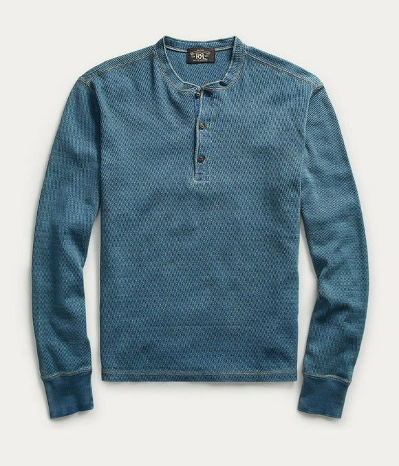 New RRL Ralph Lauren Indigo Blue Jacquard-Knit Henley Shirt Men's Medium M