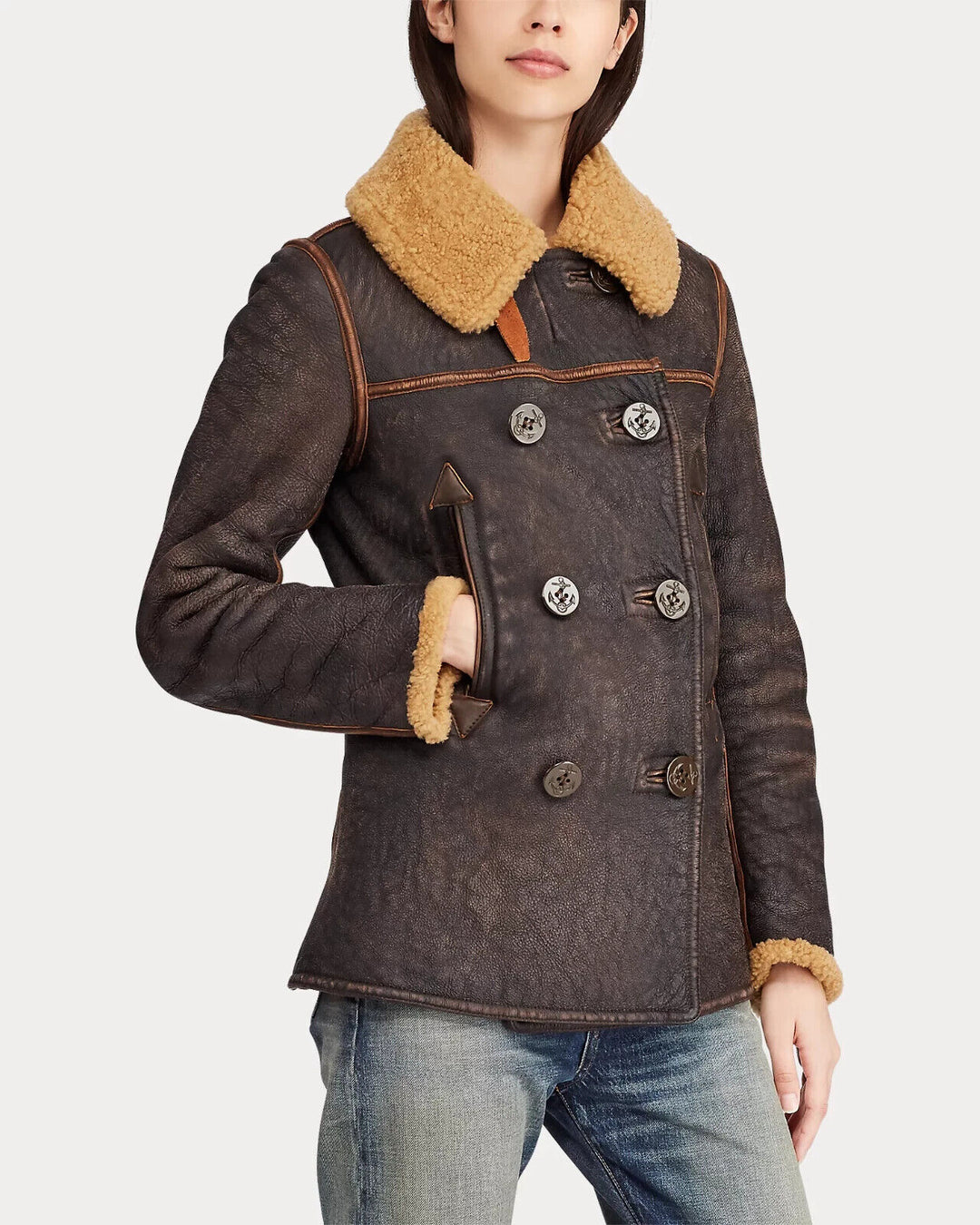 Polo Ralph Lauren Shearling Leather Peacoat Jacket Coat Women's Size 4 Large L