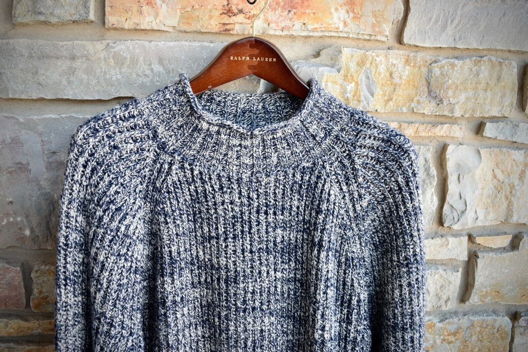 New RRL Ralph Lauren Navy White Blue Heathered Sweater Mockneck Men's Large L