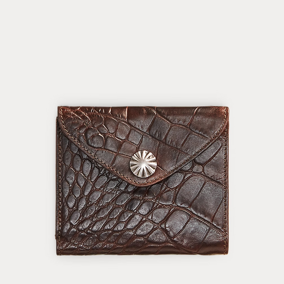 New RRL Ralph Lauren Crocodile-Embossed Leather Wallet Brown Metal Concho