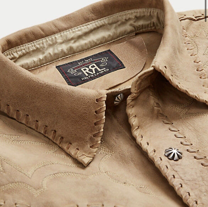 RRL Ralph Lauren Leather Western Tan Sheepskin Jacket Suede Embroidered Large L