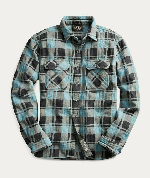 RRL Ralph Lauren Plaid Distressed Blue Jacquard Check Workshirt Men's Medium M