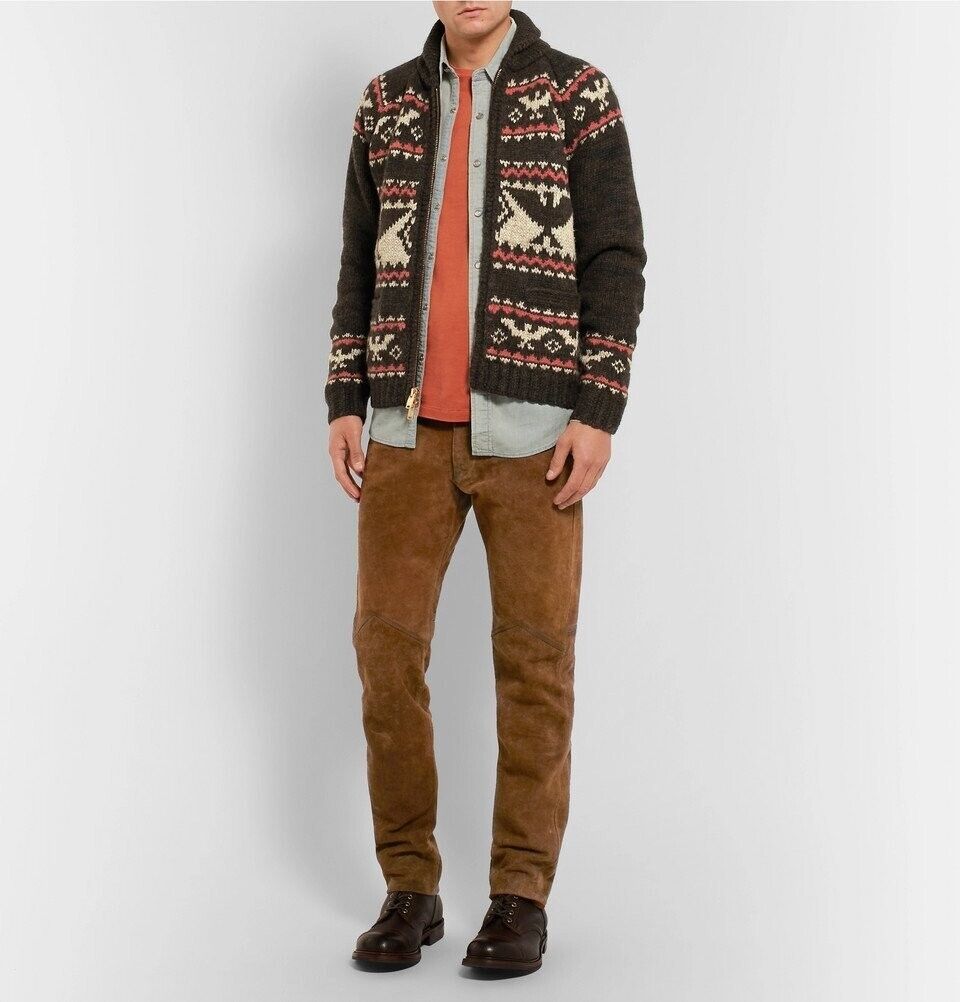 RRL Eagle Hand Knit Wool Brown Alpaca Wool Blend Zip Cardigan Men's Large L