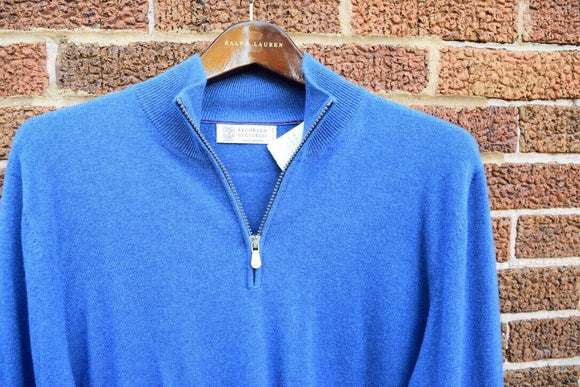 New Brunello Cucinelli Mens 1/2 Zip Sweater Solid Blue 100% Cashmere 54 XL