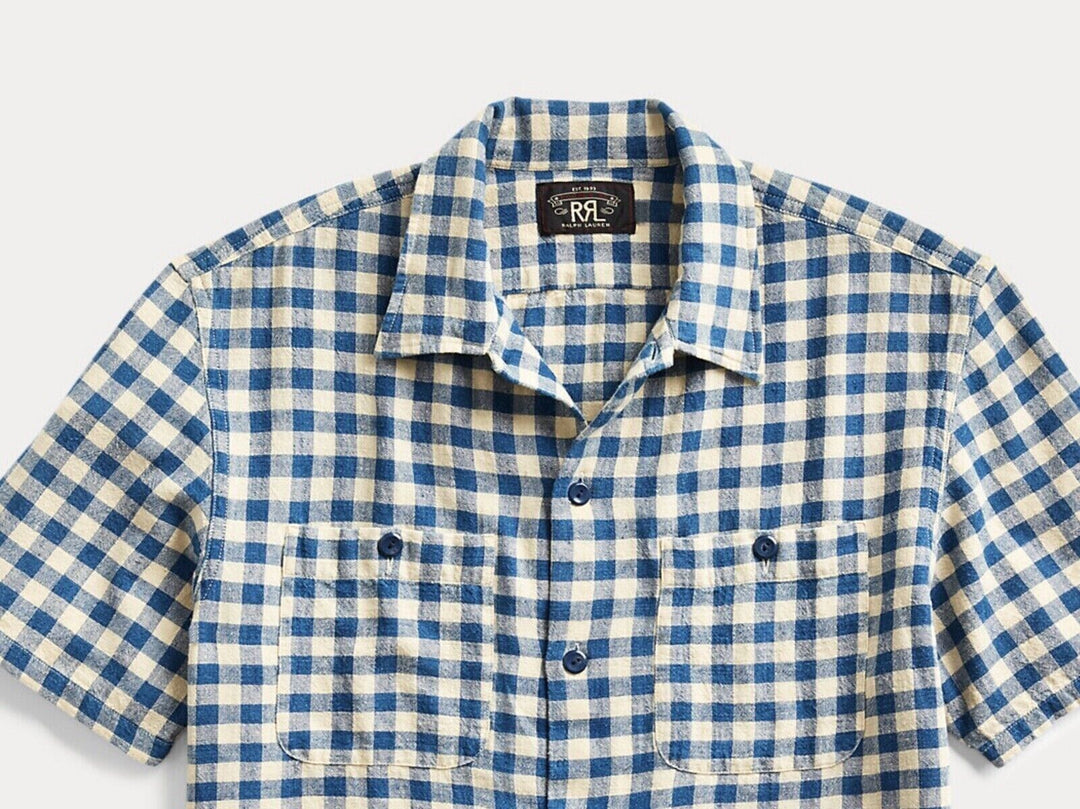 RRL Ralph Lauren Vintage Rustic Checked Cotton Linen Shirt Men's M Medium