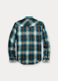 2018 RRL Plaid Buffalo Snap Western Blue Check Shirt *Defects Men Extra-Large XL