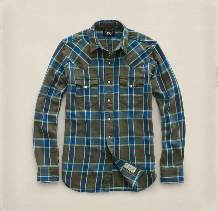 2014 RRL Cotton Buffalo Western Green Shirt *Defects Plaid Men's Extra-Small XS