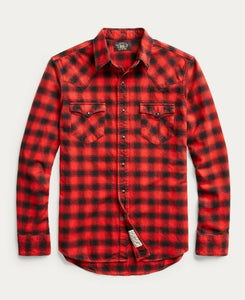 RRL Ralph Lauren Plaid Snap Red Shadow Yoke Western Shirt Men's Large L