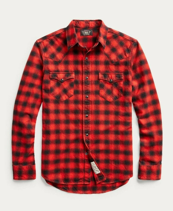 RRL Ralph Lauren Plaid Snap Red Shadow Yoke Western Shirt Men's Large L