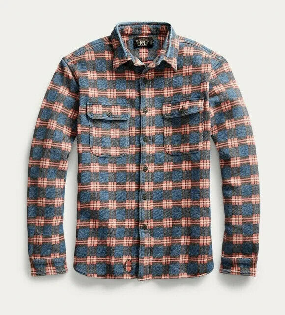 2020 RRL Repaired Workshirt Blue Jacquard Cotton Plaid *Defects Men's Medium M