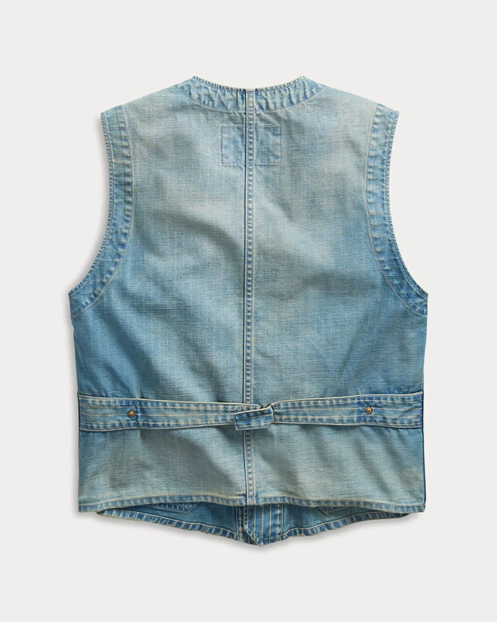 RRL Ralph Lauren Blue Indigo Denim Striped Twill Vest Men's Large L