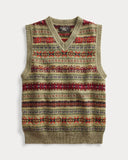 New RRL Ralph Lauren Fair Isle Wool V-Neck Jacquard Olive Vest Men's Medium M