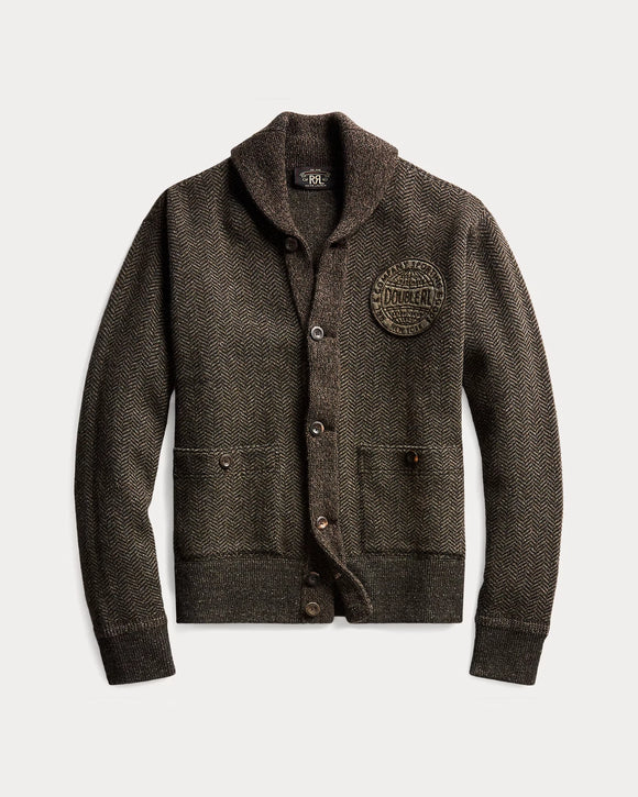 RL Ralph Lauren 1930's Inspired Brown Patch Herringbone Wool Cardigan Racing