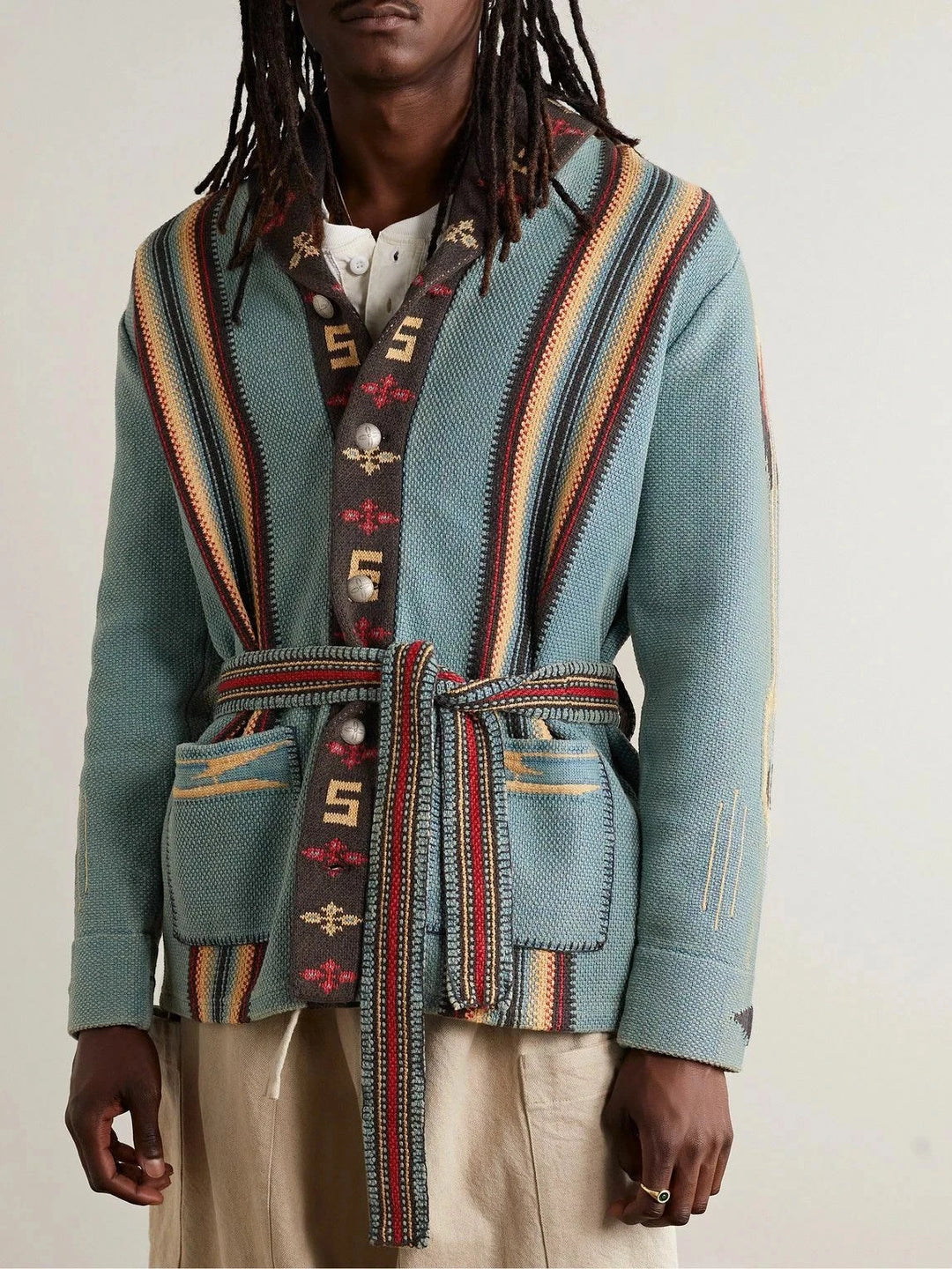 RRL Ralph Lauren Blue Southwestern Brown Ranch Belted Cardigan Men Medium M