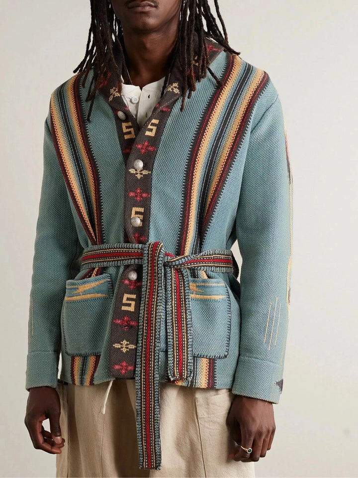 RRL Ralph Lauren Blue Southwestern Brown Ranch Belted Cardigan Men Medium M