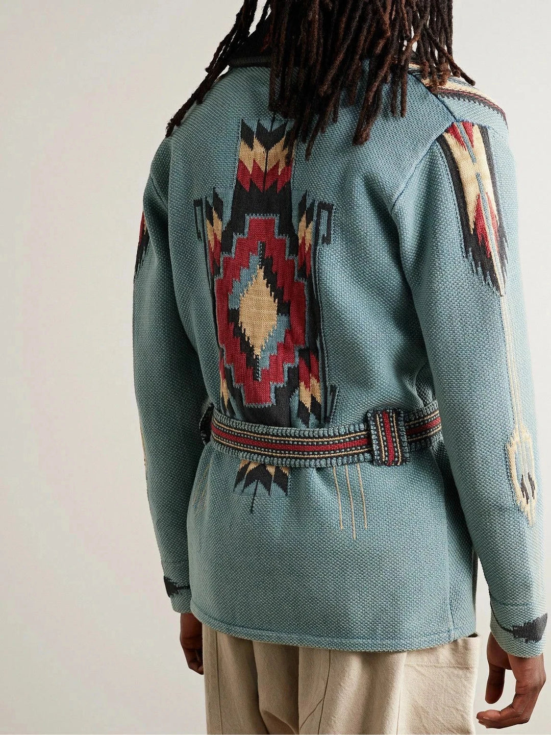 RRL Ralph Lauren Blue Southwestern Brown Ranch Belted Cardigan Men Medium M