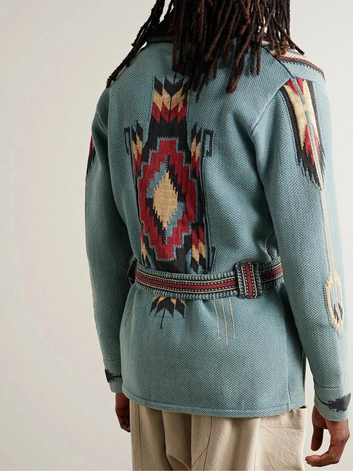 RRL Ralph Lauren Blue Southwestern Brown Ranch Belted Cardigan Men Medium M