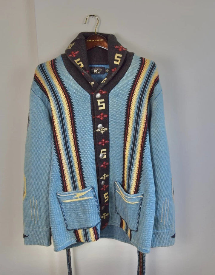 RRL Ralph Lauren Blue Southwestern Brown Ranch Belted Cardigan Men Medium M