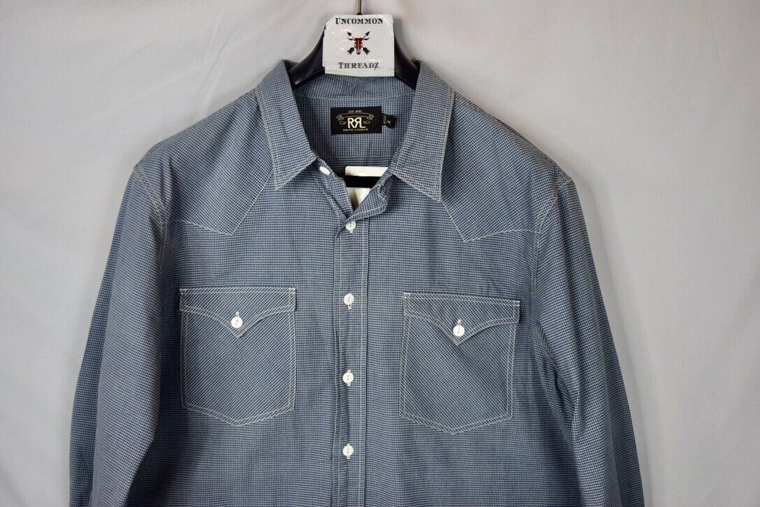 RRL Ralph Lauren Check Western Kane Yoke Blue Cotton Work Shirt Men's XXL 2XL