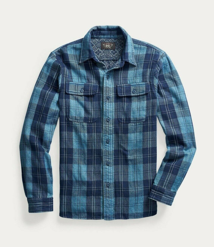RRL Ralph Lauren Plaid Indigo Blue Lined Workshirt Men's Small S Flannel