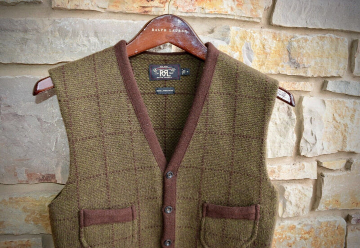 RRL Ralph Lauren Green Brown Wool Check Knit Sweaater Vest Men's Medium M