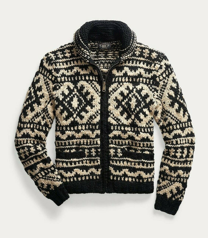 RRL Ralph Lauren Shawl Hand-Knit Geometric Cardigan Black Cream Men's 2XL XXL