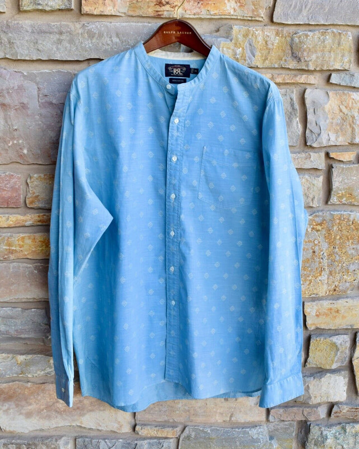 RRL Ralph Lauren Banded Geometric Blue 1950s Workshirt Button Shirt Mens 2XL XXL