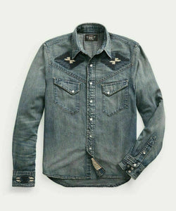 RRL Ralph Lauren Embroidered Japanese Denim Western Shirt Men's M Medium