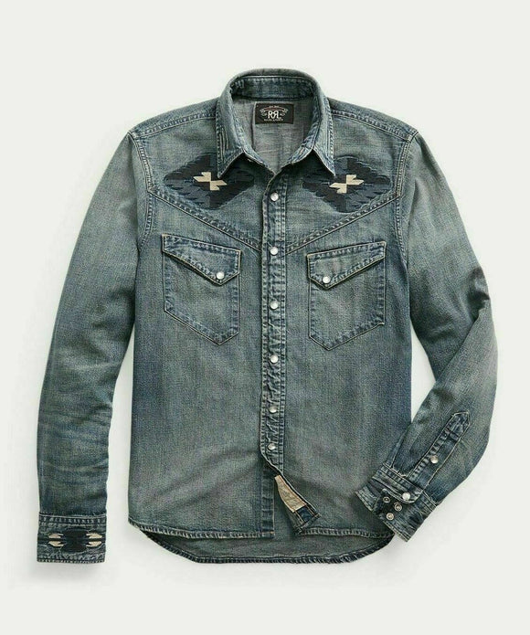 RRL Ralph Lauren Embroidered Japanese Denim Western Shirt Men's M Medium