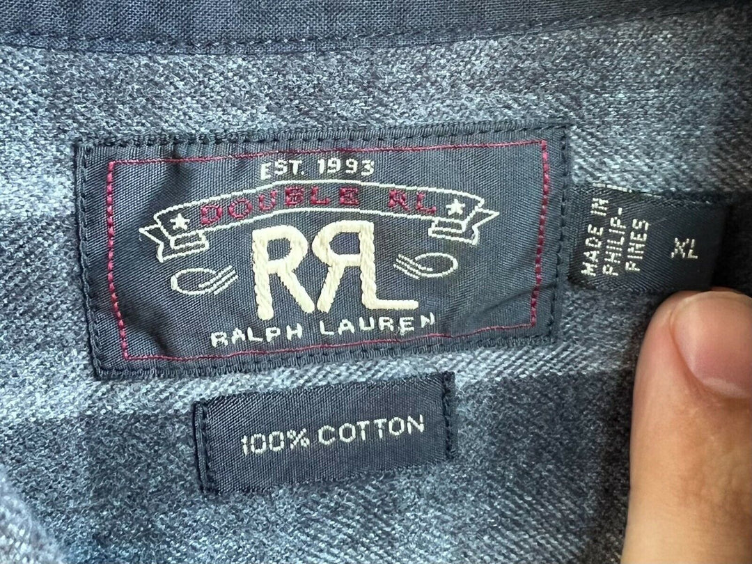 RRL Ralph Lauren Gray Black Cotton 1/2 Zip Check Overshirt Mens XL Extra-Large