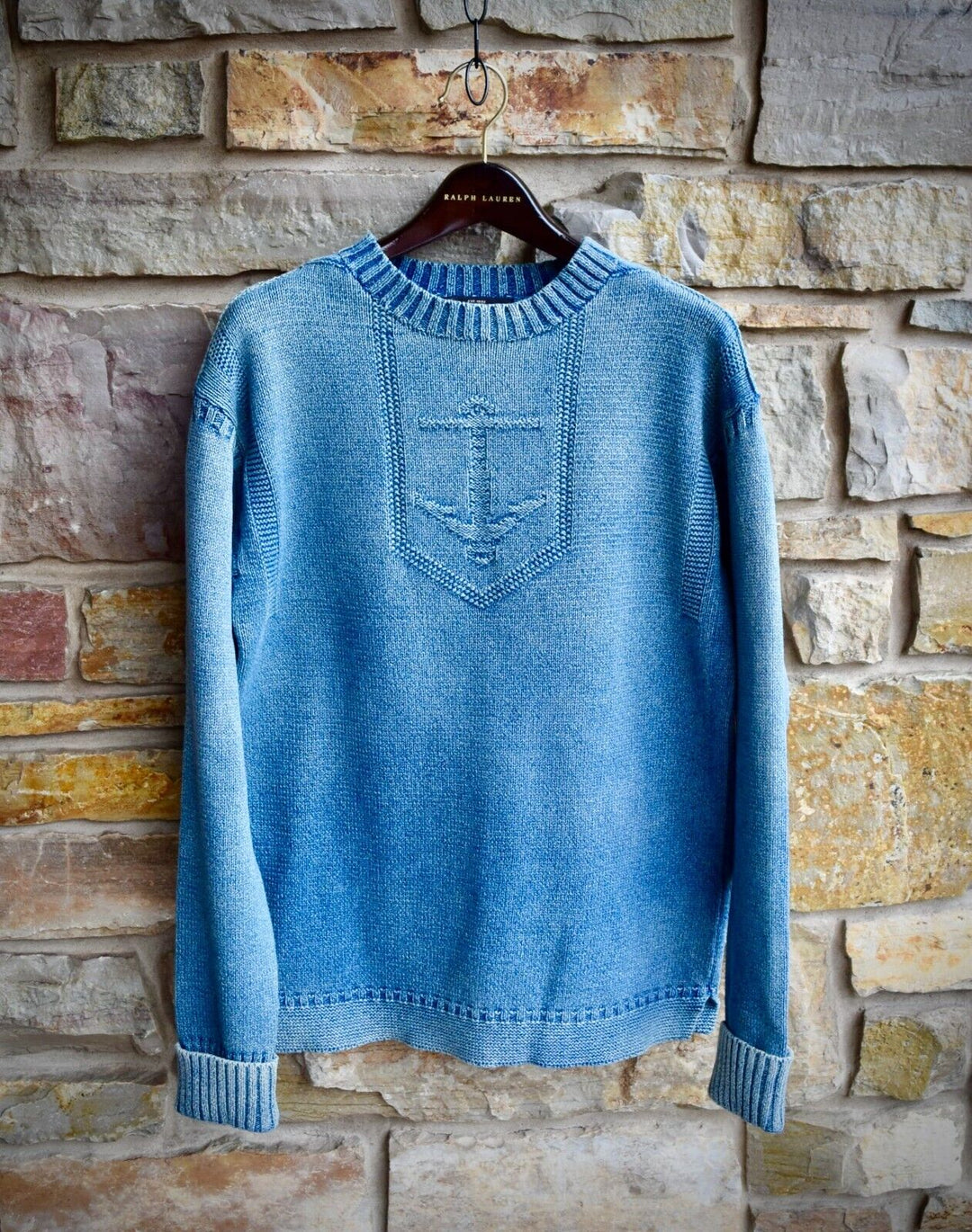 RRL Ralph Lauren Indigo Blue Thick Knit Crewneck Men's Anchor Faded Small S