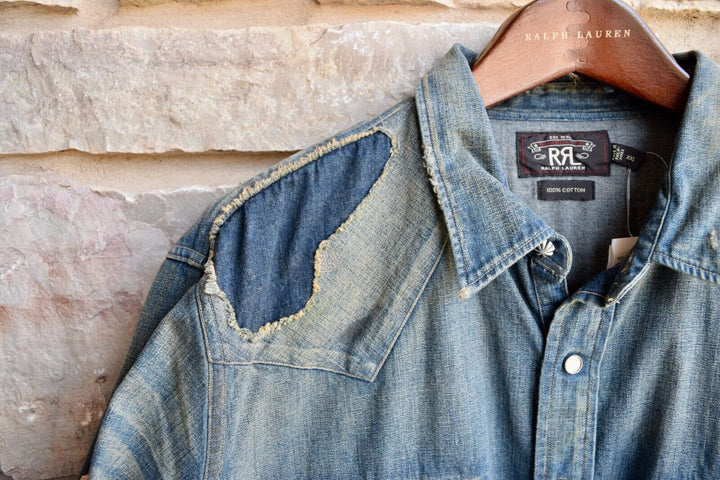 RRL Ralph Lauren Repaired Distressed Destroyed Western Snap Shirt Men's XXL 2XL