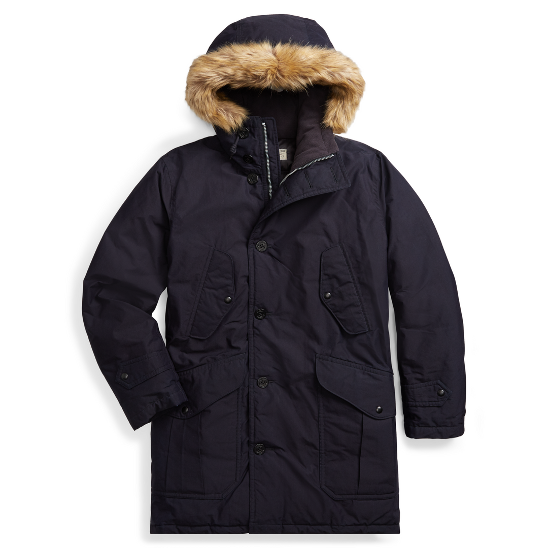 RRL Ralph Lauren Shearling Trim Navy Blue Real Down Parka Coat Men's 2XL XXL