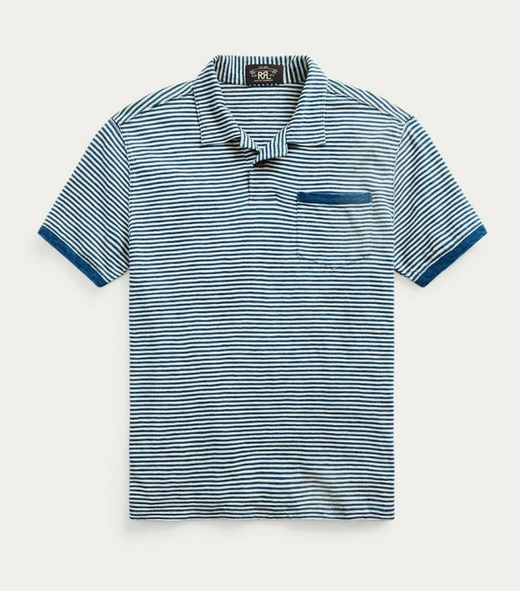 RRL Ralph Lauren White Indigo Striped Nautical Cotton Polo Jersey Men's Large L