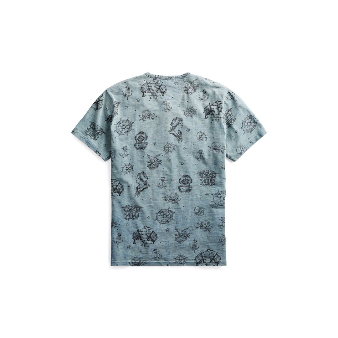 RRLRalph Lauren Men's Blue 1940's Graphic Henley Shirt S/S Small S Nautical