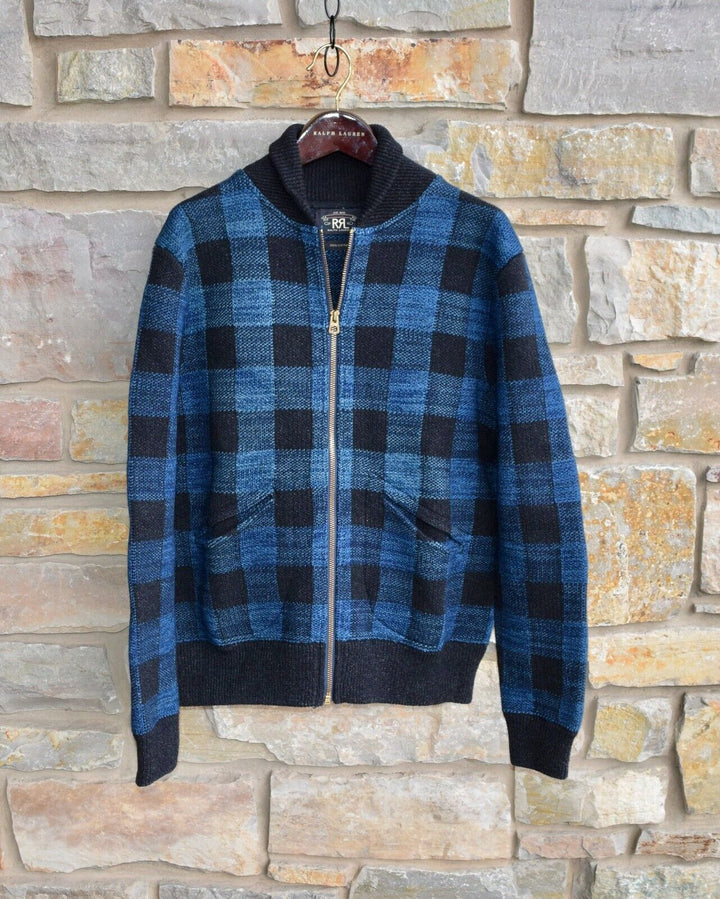 New RRL Ralph Lauren Mockneck Blue Plaid Check Full Zip Jacket Men's Medium M