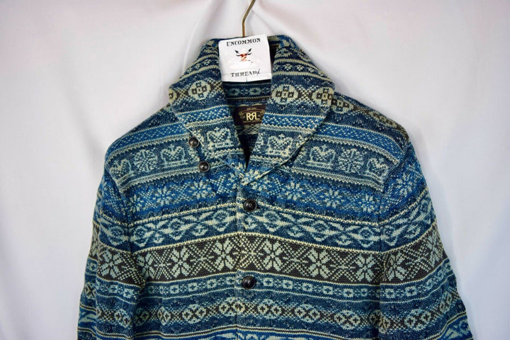 RRL Ralph Lauren Indigo Fair Isle Blue Heavy Fisherman Cardigan Men's S Small