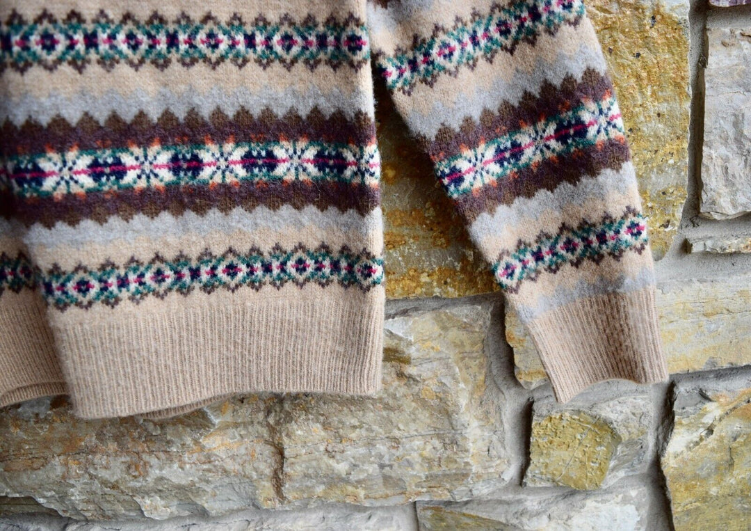 RRL Ralph Lauren Fair Isle V-Neck Brown Knit Suede Elbow Sweater Men's Small S