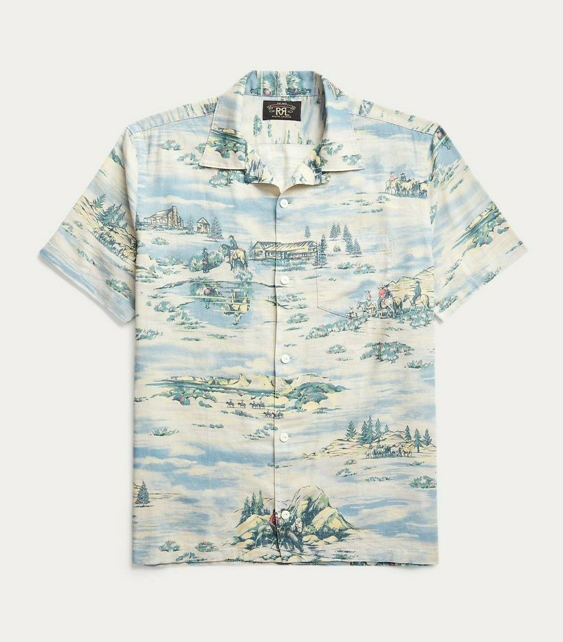 New RRL Ralph Lauren Western Cotton Linen Blend Print Camp Shirt