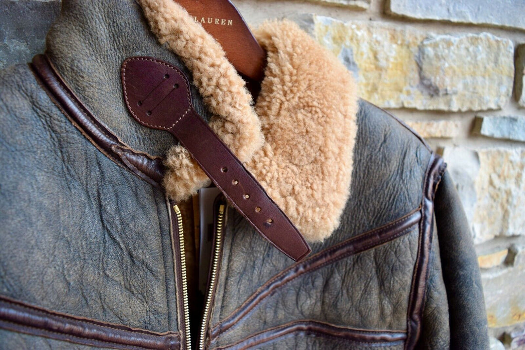 RRL Double RL Ralph Lauren Leather Brown Shearling Military Jacket Men's 2XL XXL